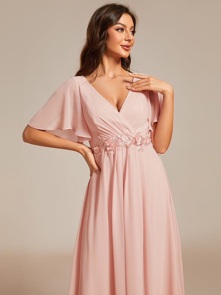 Short Sleeves V-Neck Tea Length Wedding Guest Dress with Floral Applique #color_Pink