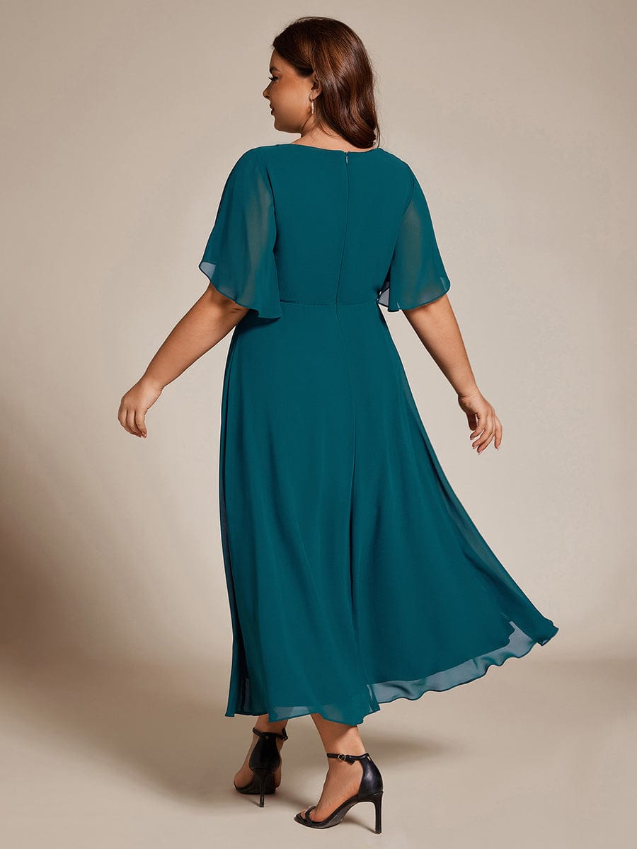 Plus Size Elegant Short Sleeves V-Neck Floral Applique Wedding Guest Dress  #color_Teal