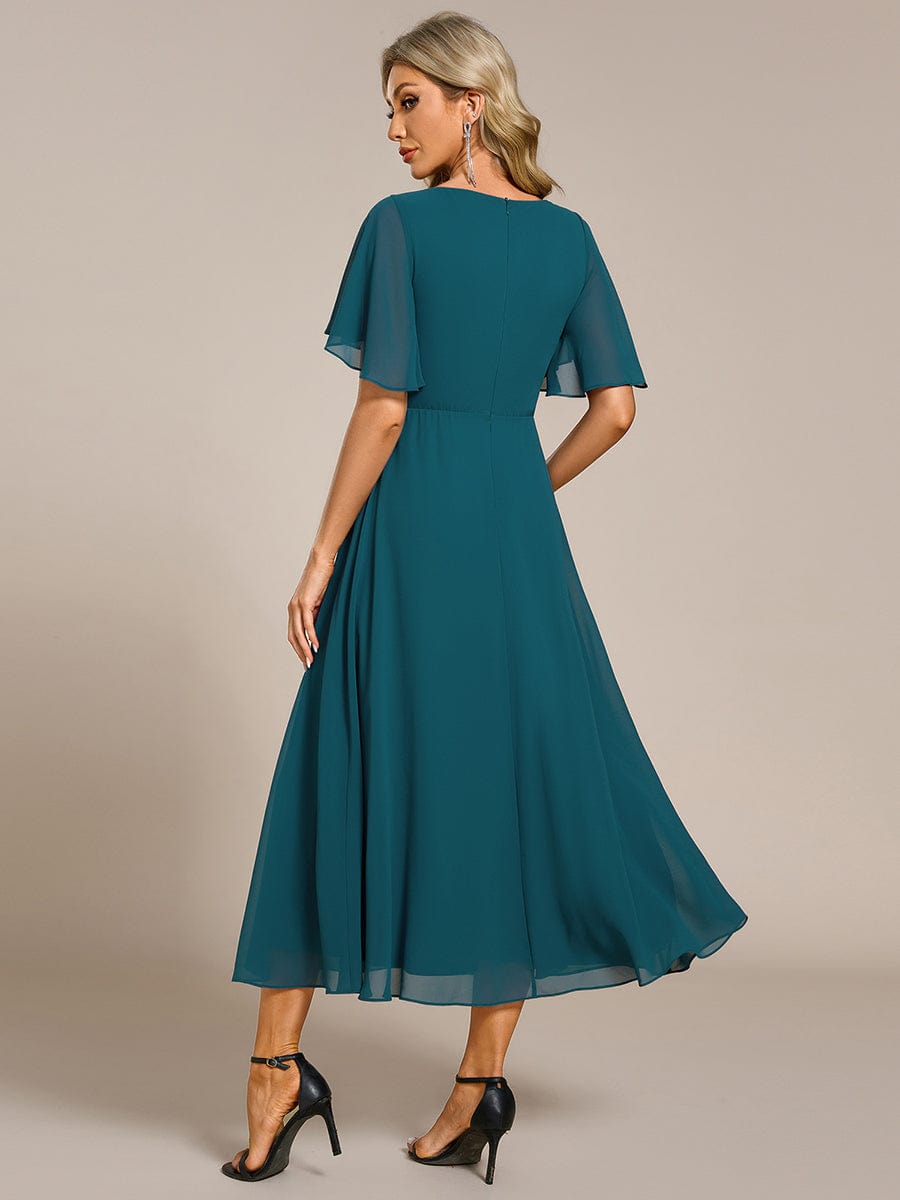 Short Sleeve V Neck Knee Length Mother of the Bride Dress #color_Teal