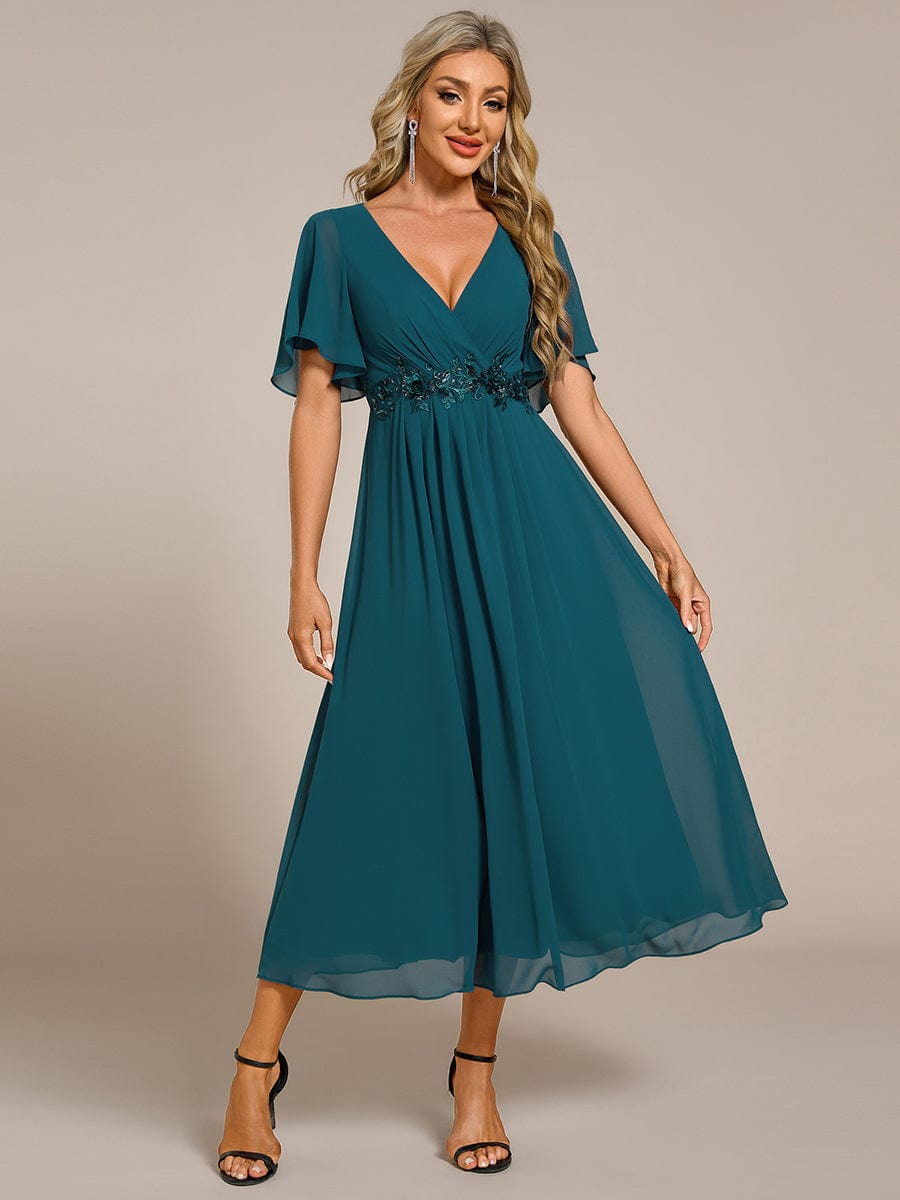 Short Sleeves V-Neck Tea Length Wedding Guest Dress with Floral Applique #color_Teal