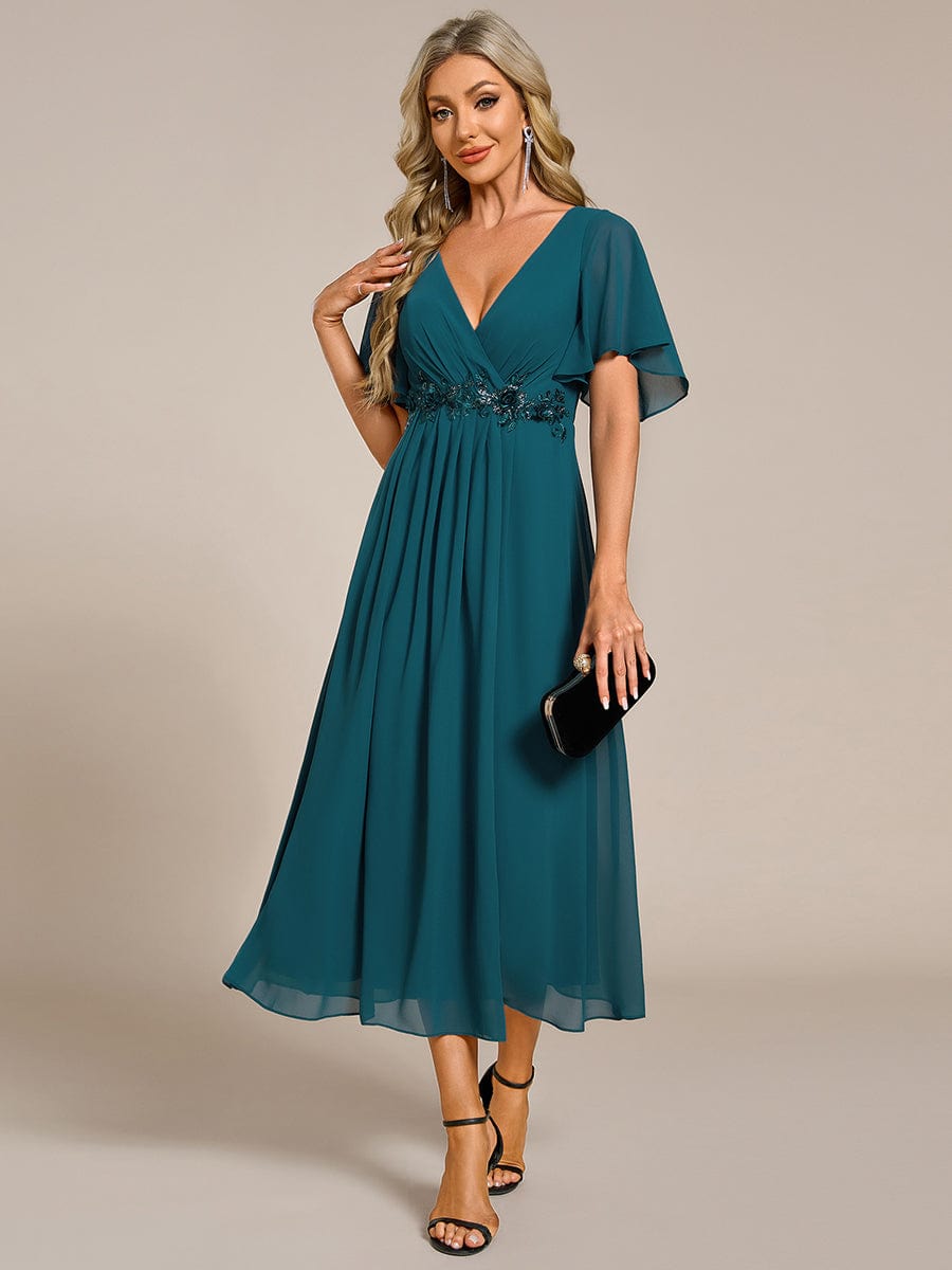 Short Sleeve V Neck Knee Length Mother of the Bride Dress #color_Teal