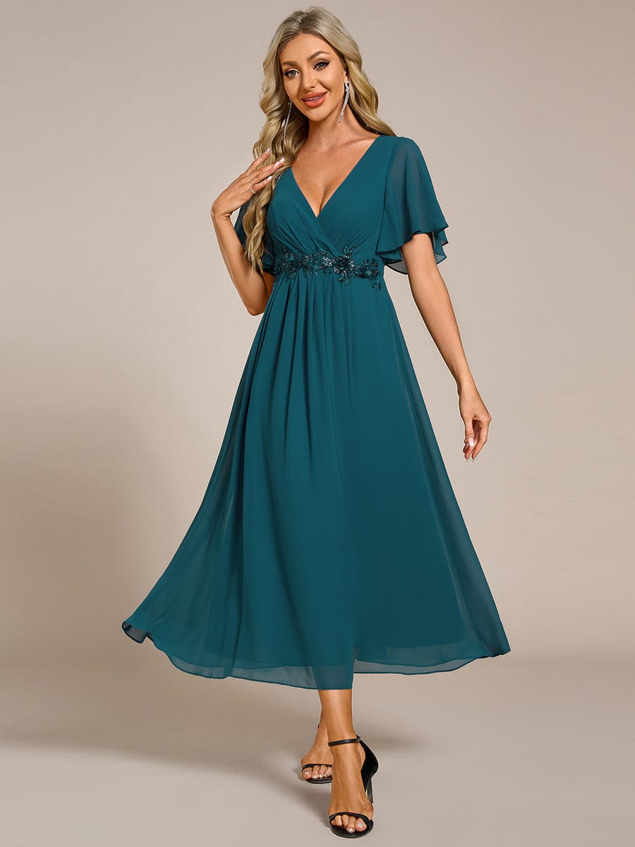 Short Sleeve V Neck Knee Length Mother of the Bride Dress #color_Teal