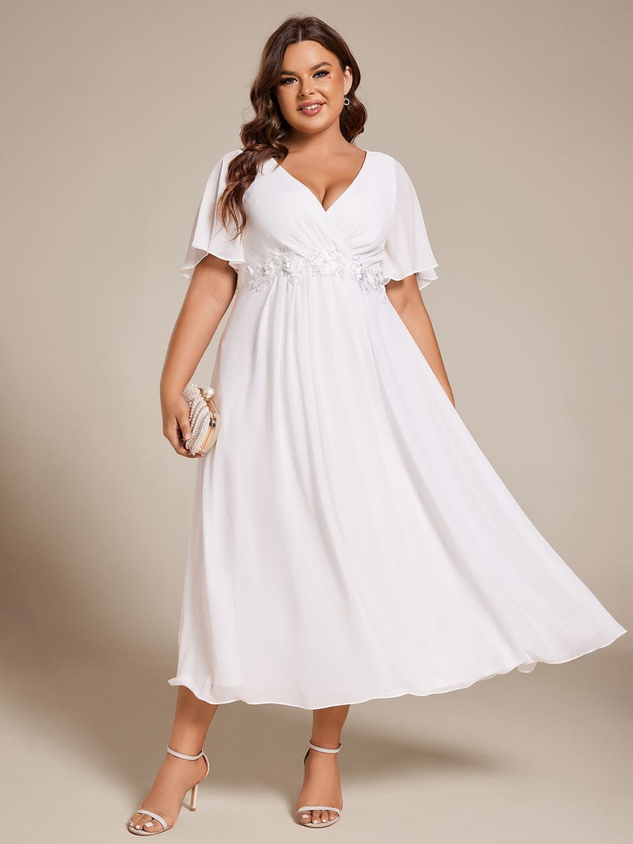 Plus Size Elegant Short Sleeves V-Neck Floral Applique Wedding Guest Dress  #color_White