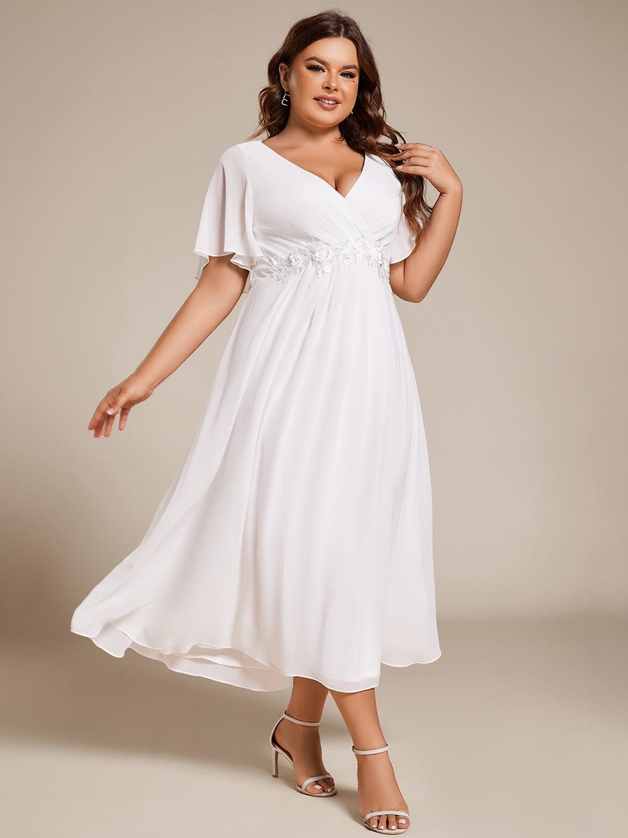 Short Sleeves V-Neck Tea Length Wedding Guest Dress with Floral Applique #color_White