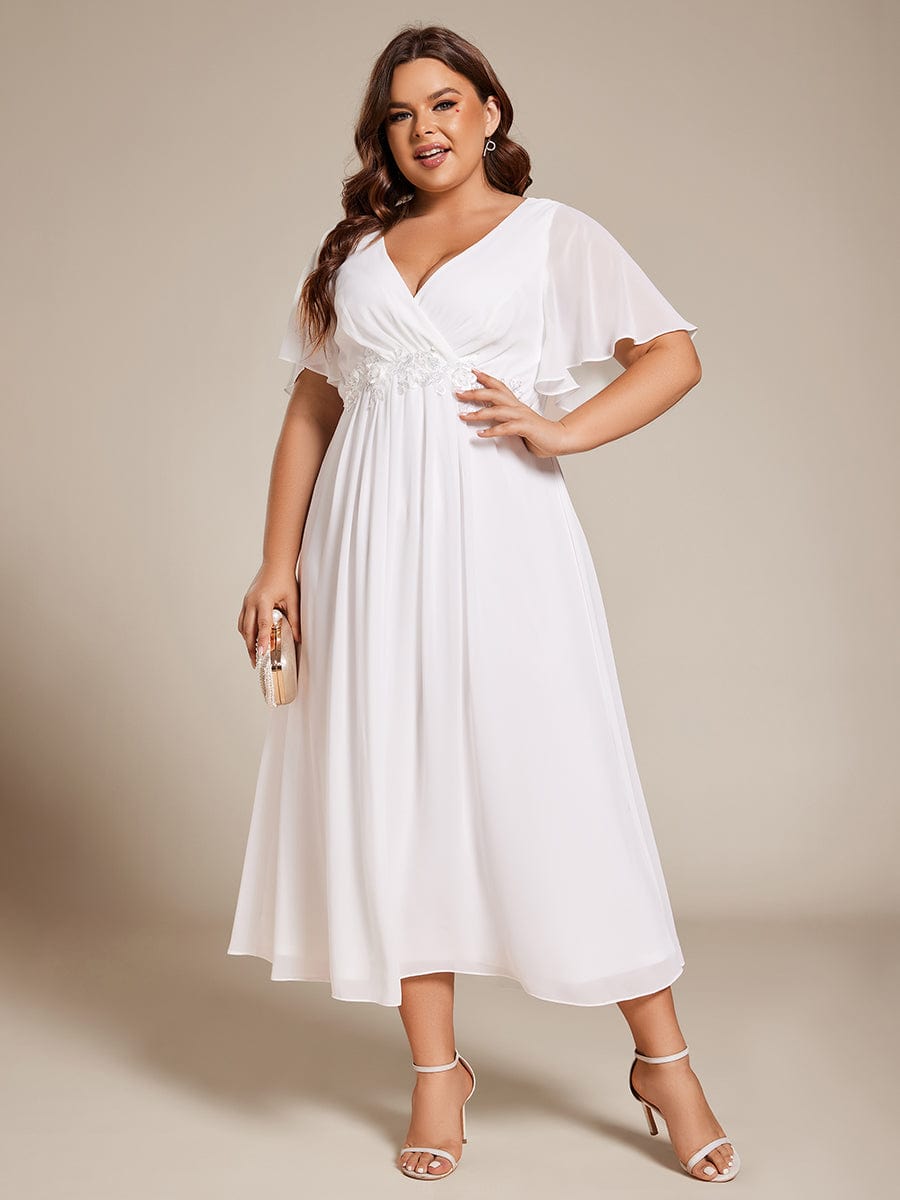 Plus Size Elegant Short Sleeves V-Neck Floral Applique Wedding Guest Dress  #color_White