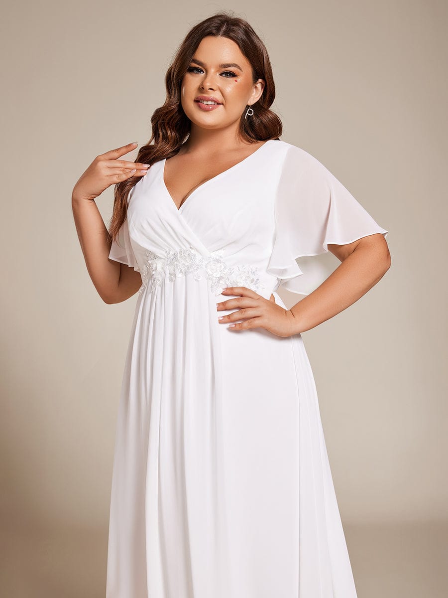 Plus Size Elegant Short Sleeves V-Neck Floral Applique Wedding Guest Dress  #color_White