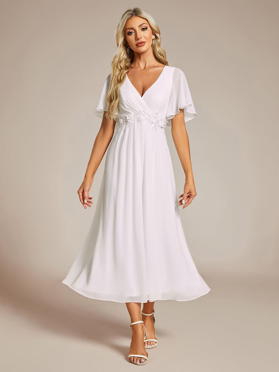 Short Sleeves V-Neck Tea Length Wedding Guest Dress with Floral Applique #color_White