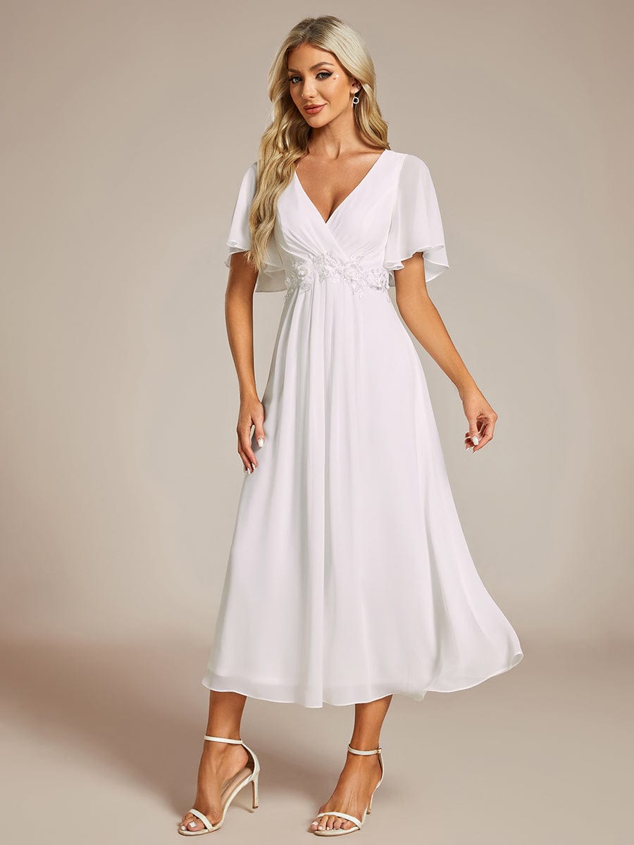 Short Sleeves V-Neck Tea Length Wedding Guest Dress with Floral Applique #color_White