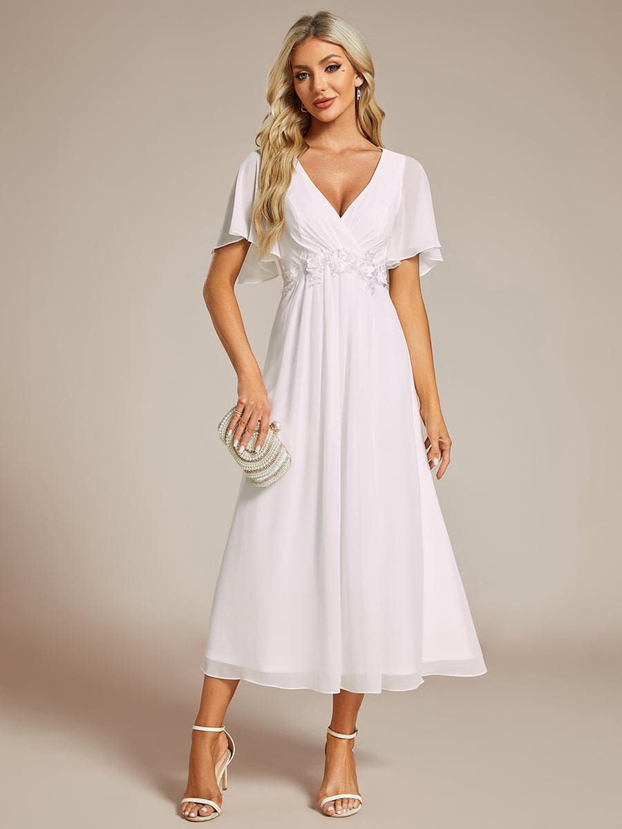 Short Sleeve V Neck Knee Length Mother of the Bride Dress #color_White