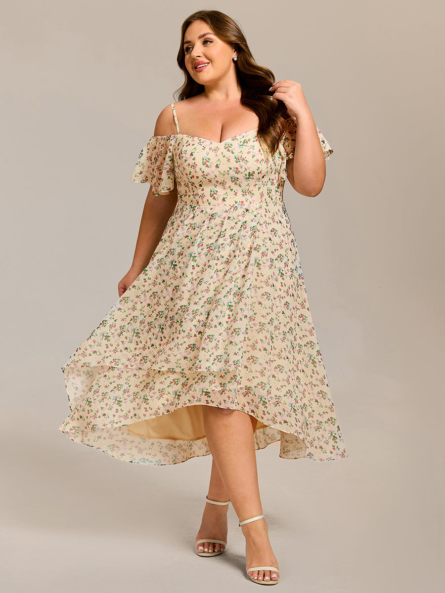 Plus Size Cold Shoulder Sweetheart Necklin Chiffon Midi Wedding Guest Dress #color_Apricot Print