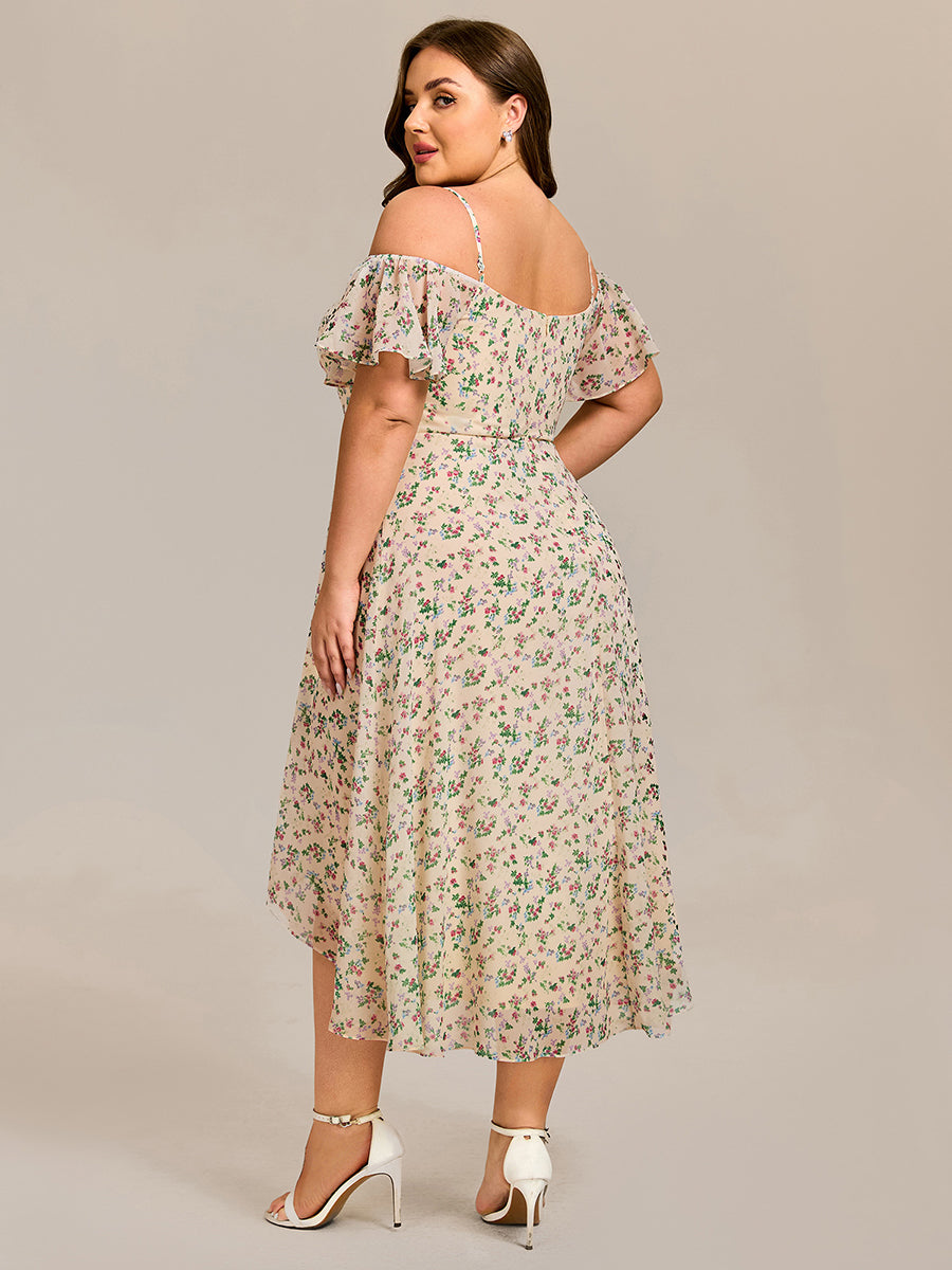 Plus Size Cold Shoulder Sweetheart Necklin Chiffon Midi Wedding Guest Dress #color_Apricot Print