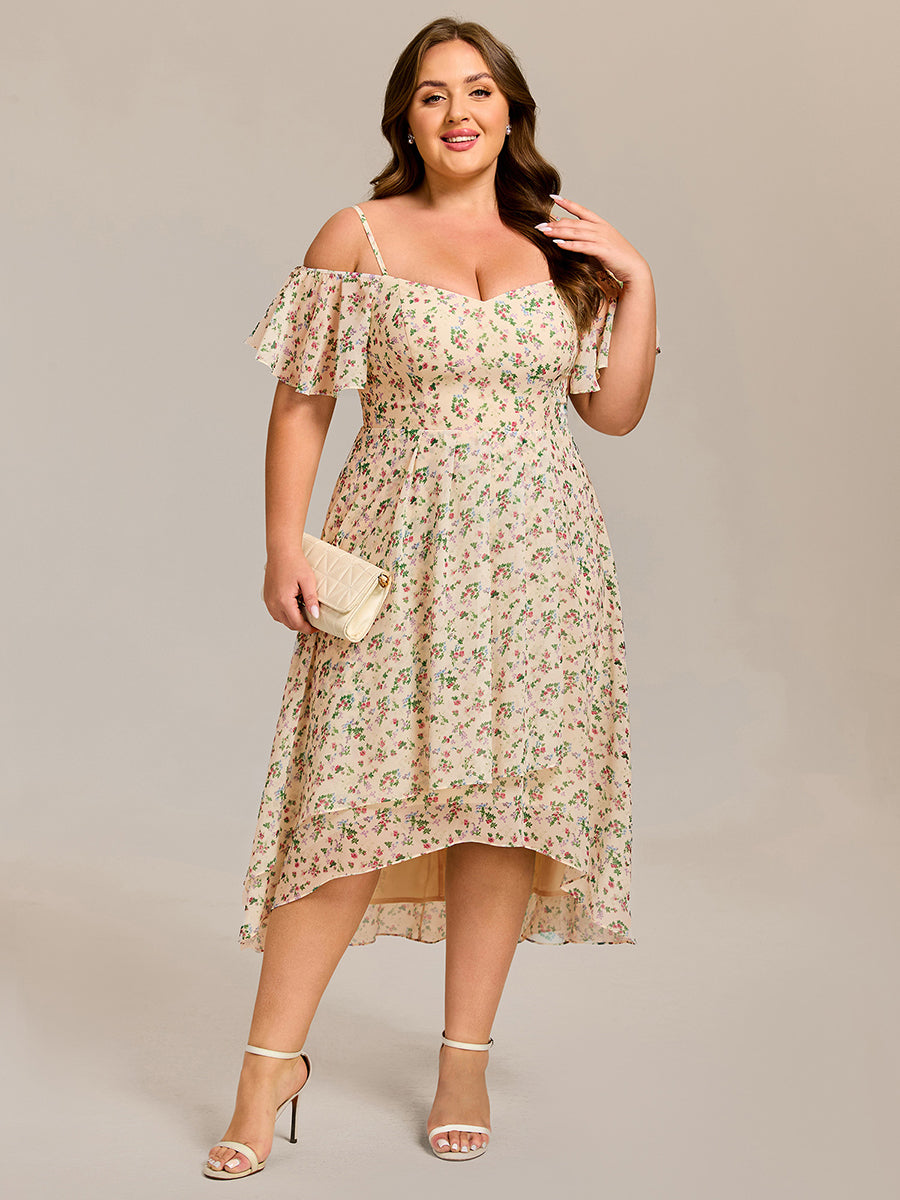 Spaghetti Strap Cold Shoulder Chiffon A-Line Midi Wedding Guest Dress #color_Apricot Print