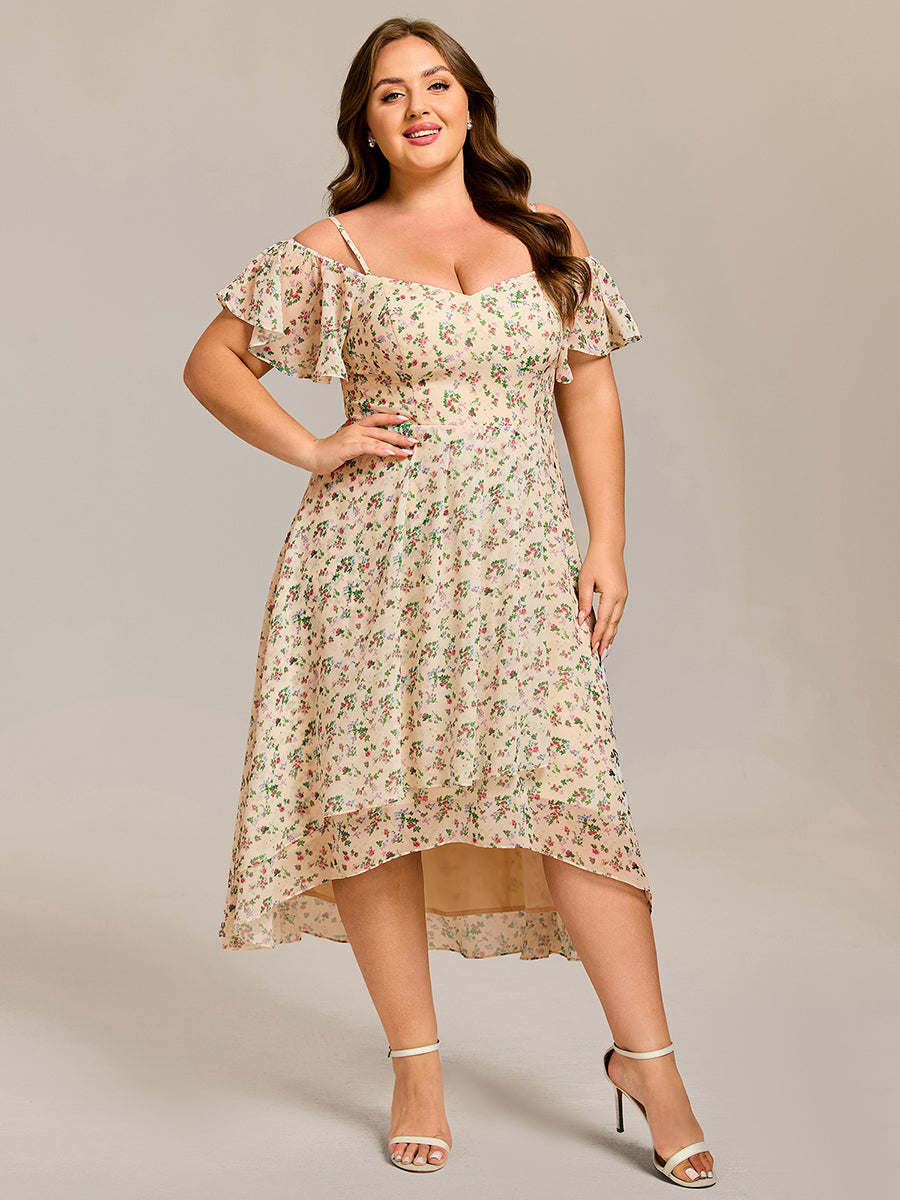 Plus Size Cold Shoulder Sweetheart Necklin Chiffon Midi Wedding Guest Dress #color_Apricot Print