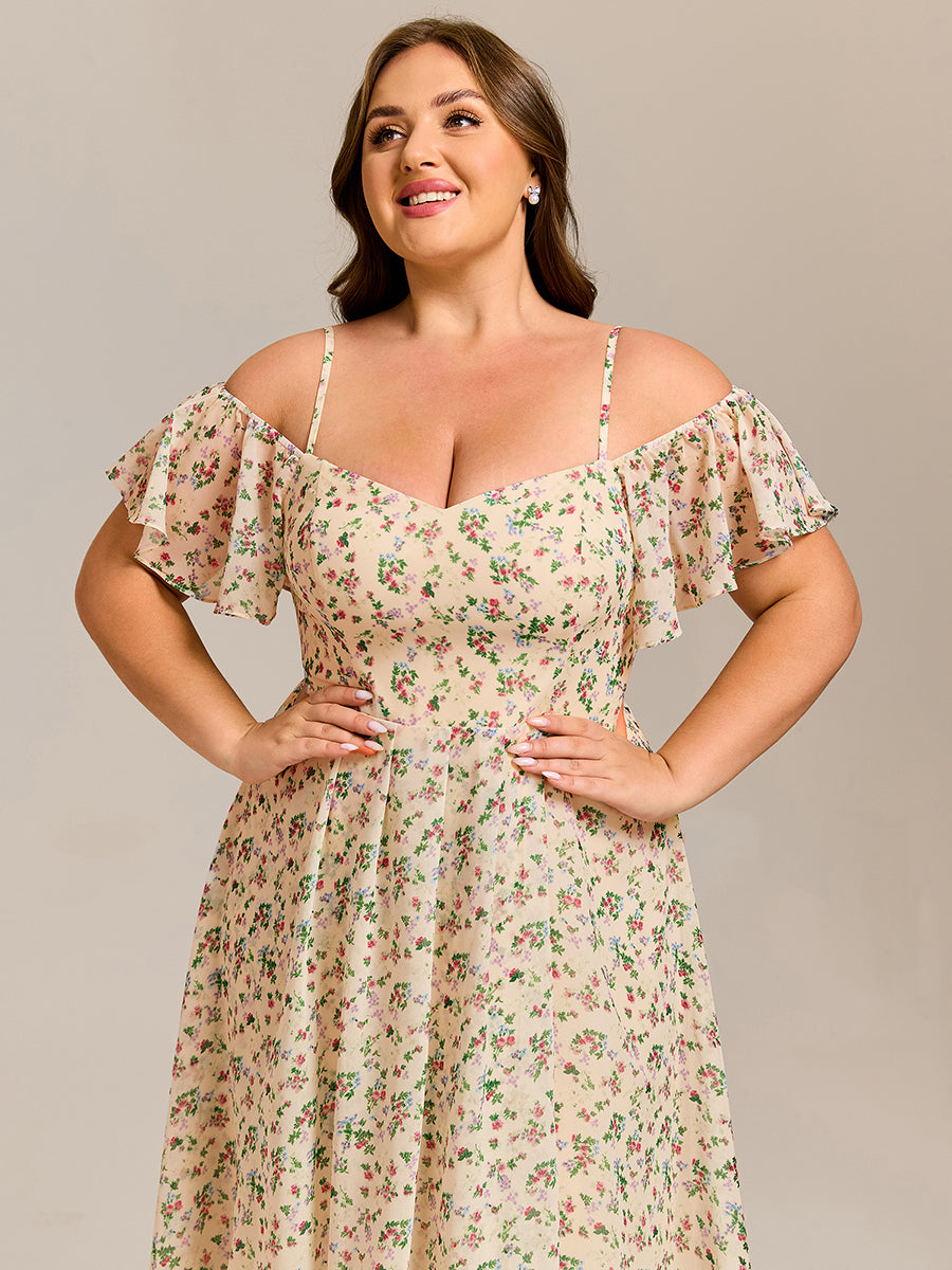 Plus Size Cold Shoulder Sweetheart Necklin Chiffon Midi Wedding Guest Dress #color_Apricot Print