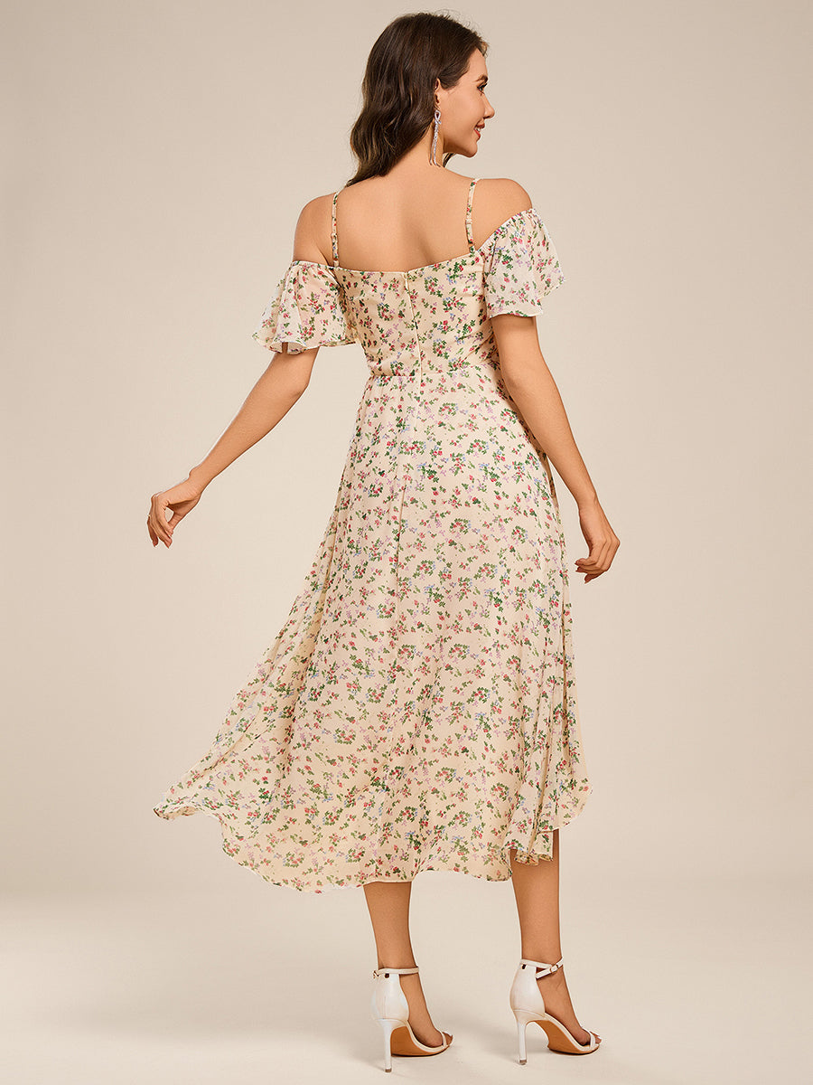 Spaghetti Strap Cold Shoulder Chiffon A-Line Midi Wedding Guest Dress #color_Apricot Print