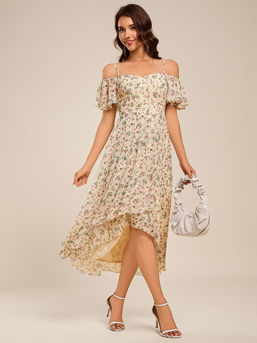 Spaghetti Strap Cold Shoulder Chiffon A-Line Midi Wedding Guest Dress #color_Apricot Print