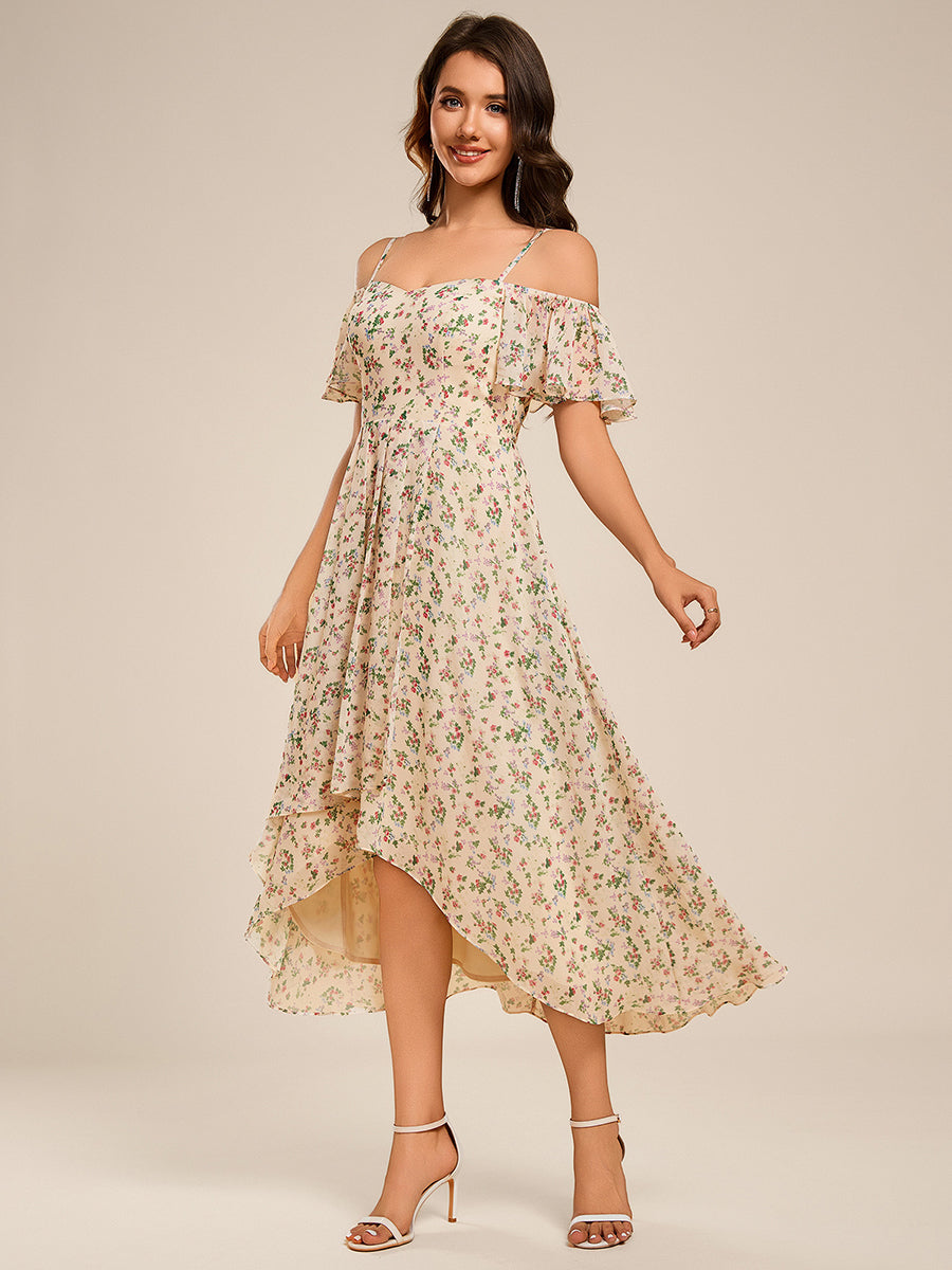 Spaghetti Strap Cold Shoulder Chiffon A-Line Midi Wedding Guest Dress #color_Apricot Print