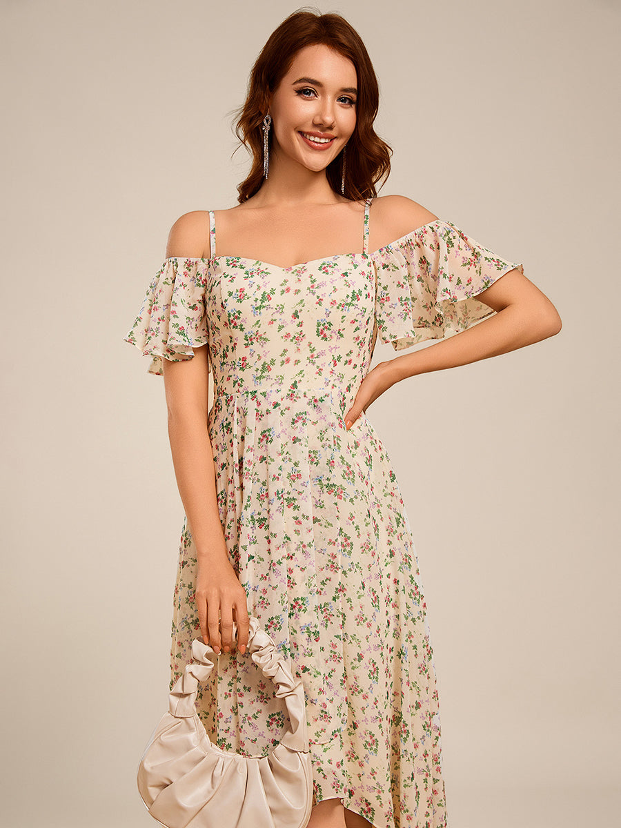 Spaghetti Strap Cold Shoulder Chiffon A-Line Midi Wedding Guest Dress #color_Apricot Print