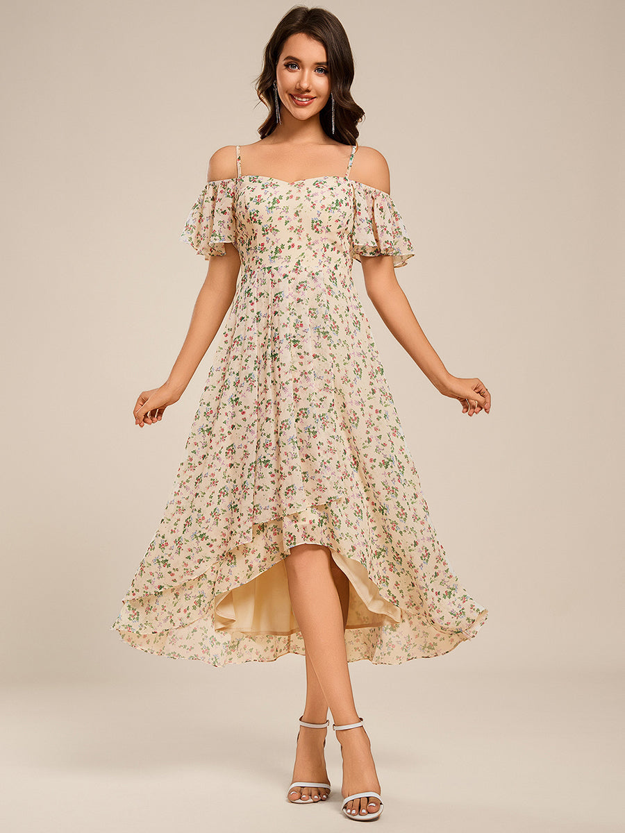 Spaghetti Strap Cold Shoulder Chiffon A-Line Midi Wedding Guest Dress #color_Apricot Print