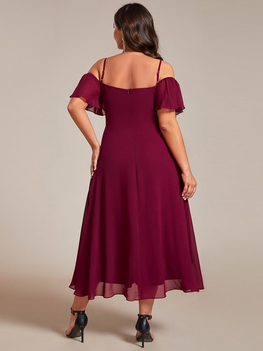 Spaghetti Strap Cold Shoulder Chiffon A-Line Midi Wedding Guest Dress #color_Burgundy