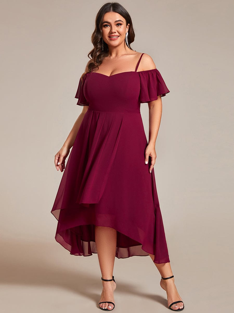 Spaghetti Strap Cold Shoulder Chiffon A-Line Midi Wedding Guest Dress #color_Burgundy