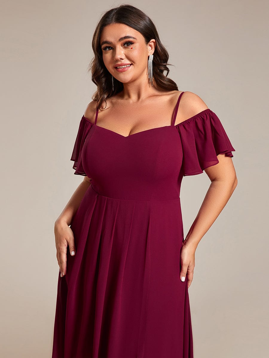 Spaghetti Strap Cold Shoulder Chiffon A-Line Midi Wedding Guest Dress #color_Burgundy