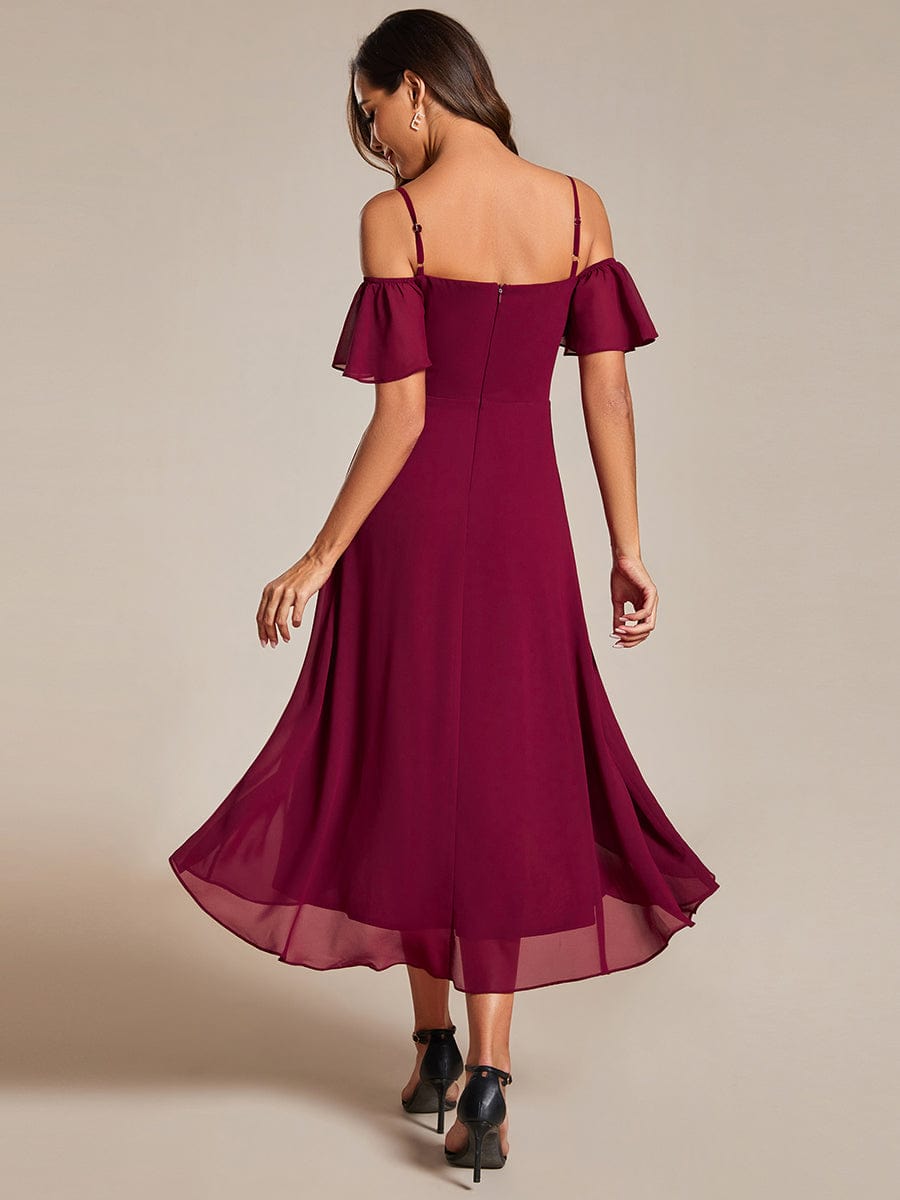 Spaghetti Strap Cold Shoulder Chiffon A-Line Midi Wedding Guest Dress #color_Burgundy