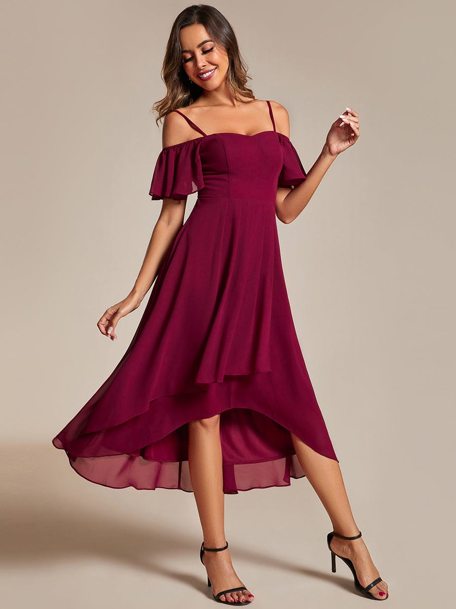 Spaghetti Strap Cold Shoulder Chiffon A-Line Midi Wedding Guest Dress #color_Burgundy