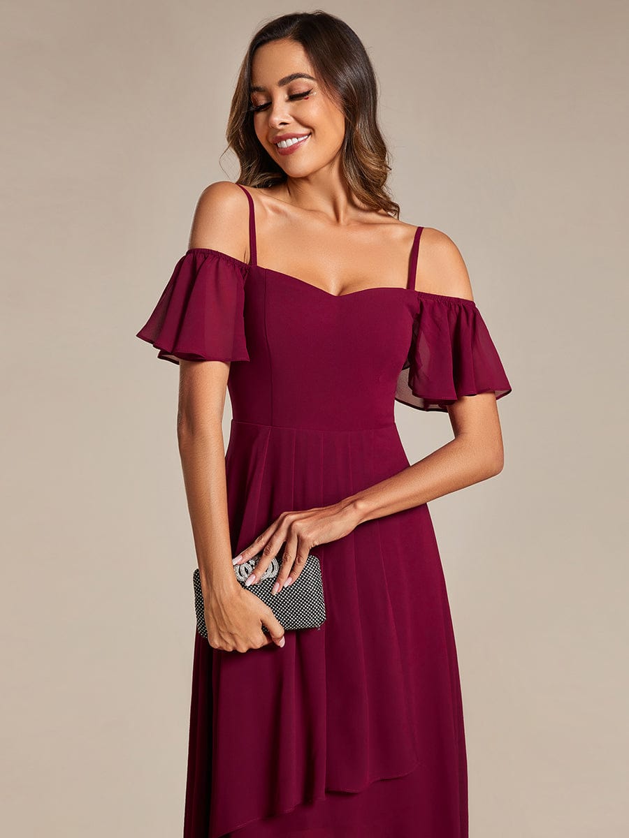 Spaghetti Strap Cold Shoulder Chiffon A-Line Midi Wedding Guest Dress #color_Burgundy