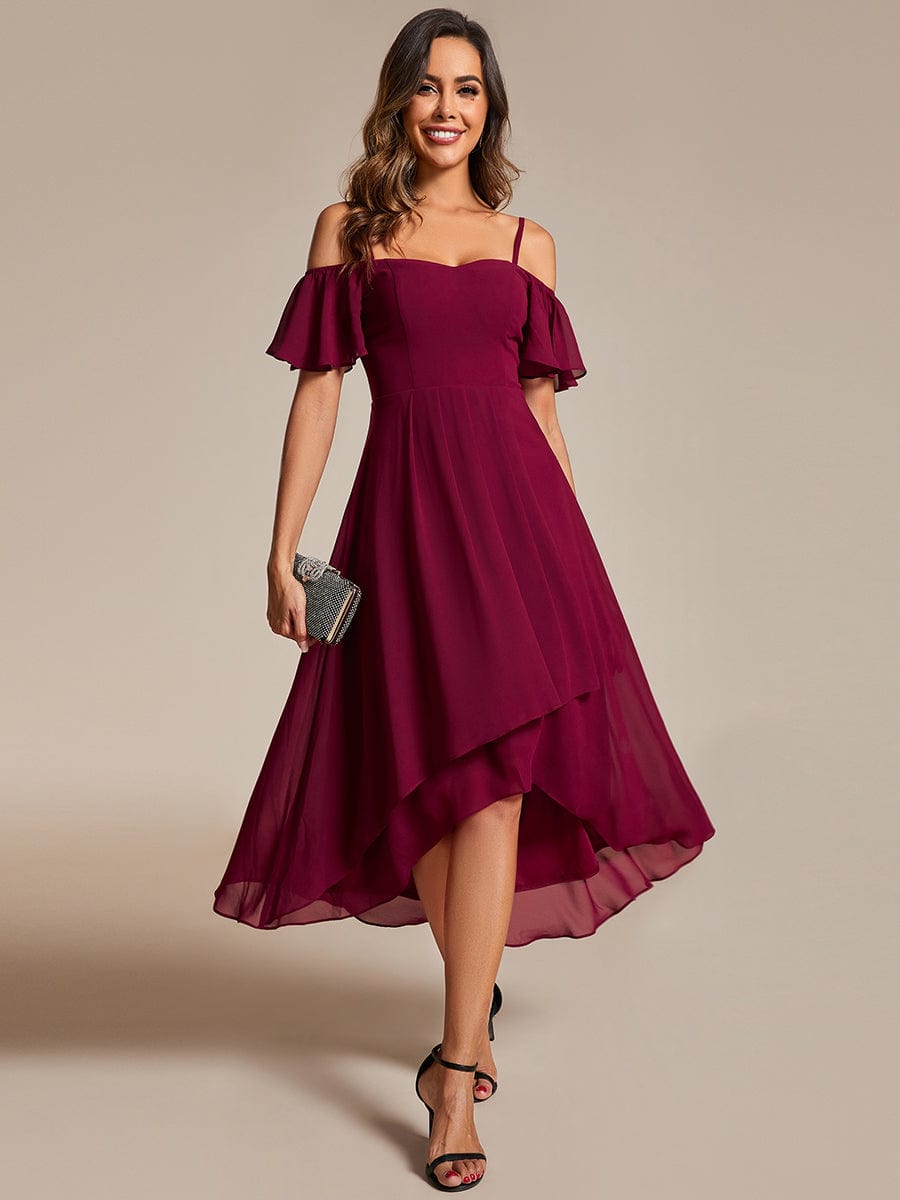 Spaghetti Strap Cold Shoulder Chiffon A-Line Midi Wedding Guest Dress #color_Burgundy