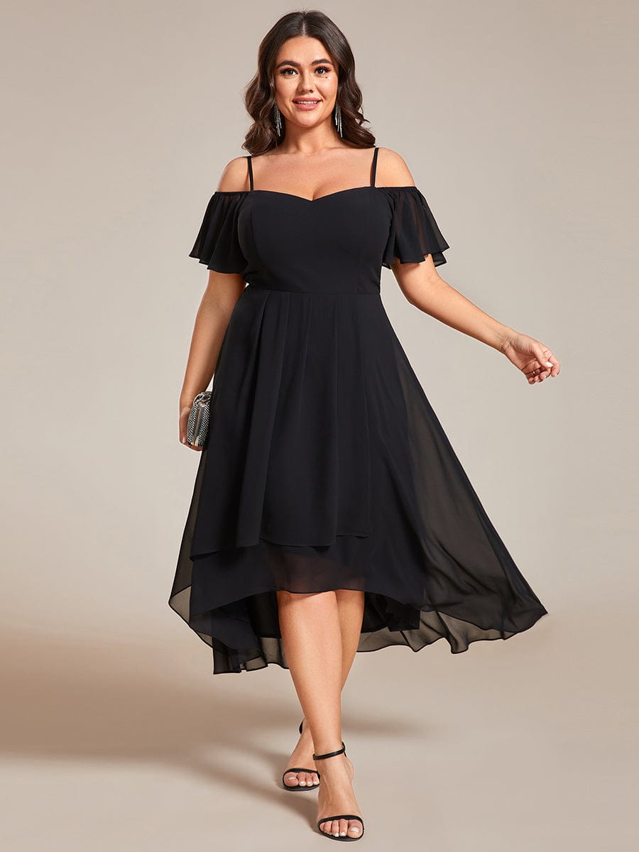 Spaghetti Strap Cold Shoulder Chiffon A-Line Midi Wedding Guest Dress #color_Black