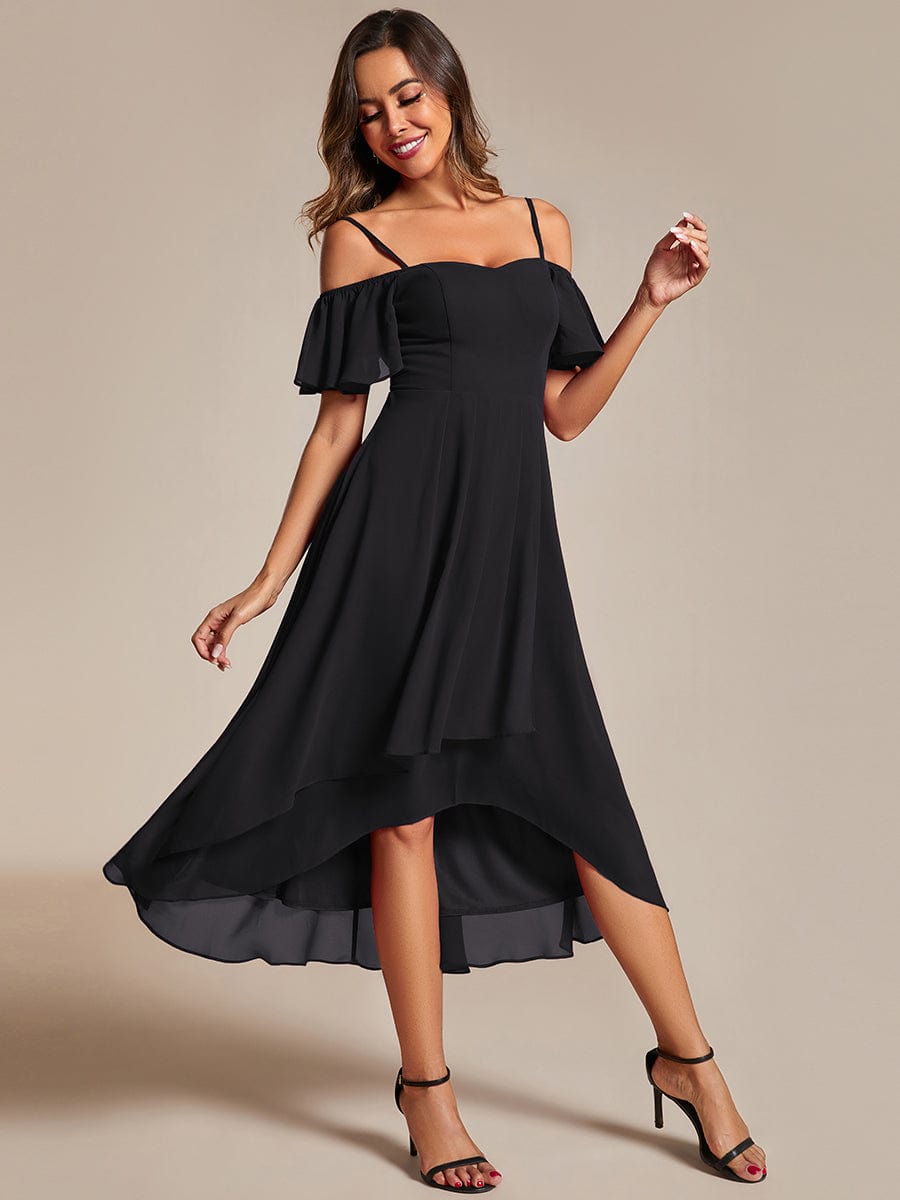 Spaghetti Strap Cold Shoulder Chiffon A-Line Midi Wedding Guest Dress #color_Black