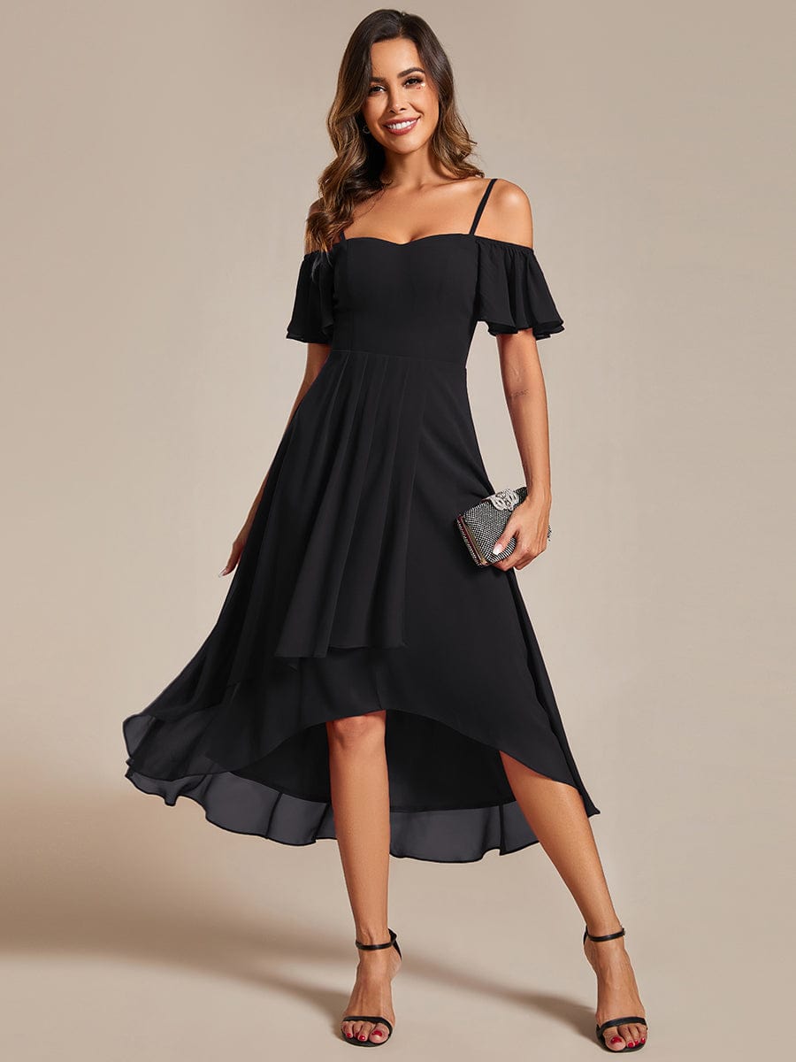 Spaghetti Strap Cold Shoulder Chiffon A-Line Midi Wedding Guest Dress #color_Black