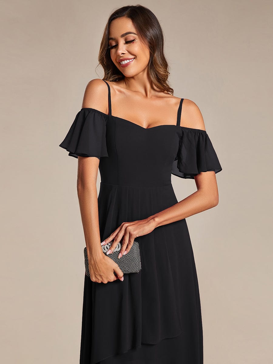 Spaghetti Strap Cold Shoulder Chiffon A-Line Midi Wedding Guest Dress #color_Black