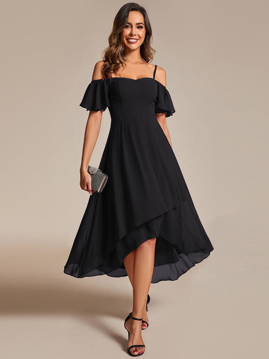 Spaghetti Strap Cold Shoulder Chiffon A-Line Midi Wedding Guest Dress #color_Black