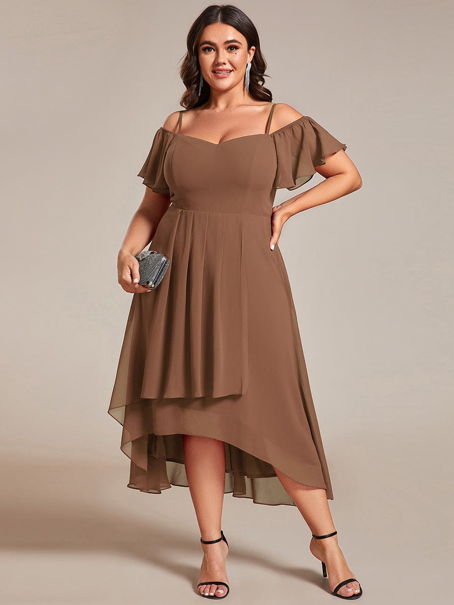 Spaghetti Strap Cold Shoulder Chiffon A-Line Midi Wedding Guest Dress #color_Brown