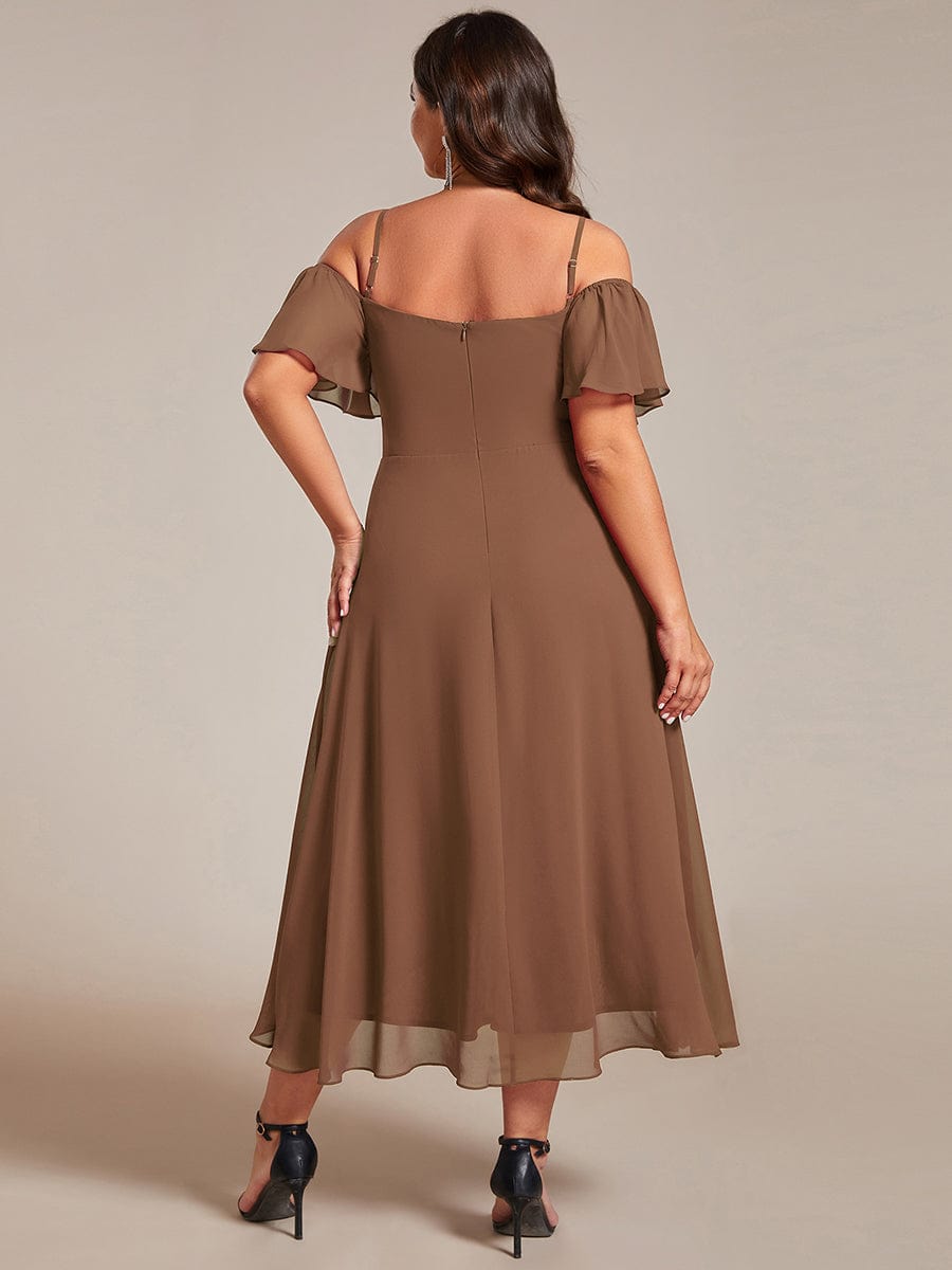 Spaghetti Strap Cold Shoulder Chiffon A-Line Midi Wedding Guest Dress #color_Brown