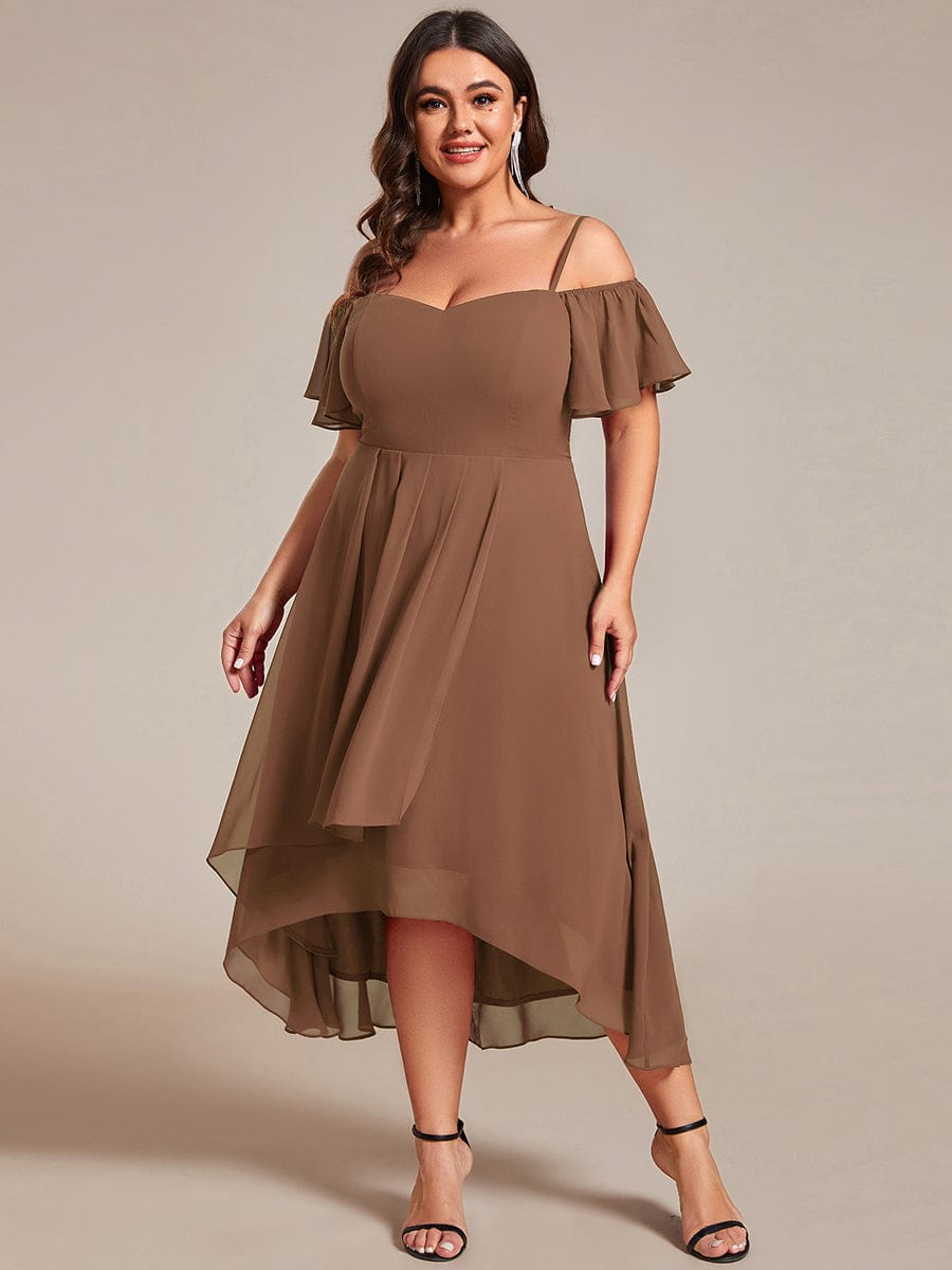 Custom Size Spaghetti Strap Cold Shoulder Chiffon A-Line Midi Wedding Guest Dress #color_Brown