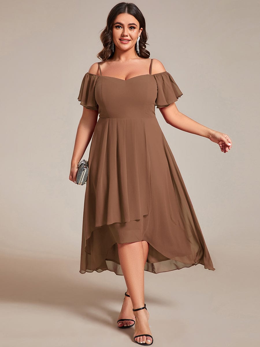 Spaghetti Strap Cold Shoulder Chiffon A-Line Midi Wedding Guest Dress #color_Brown