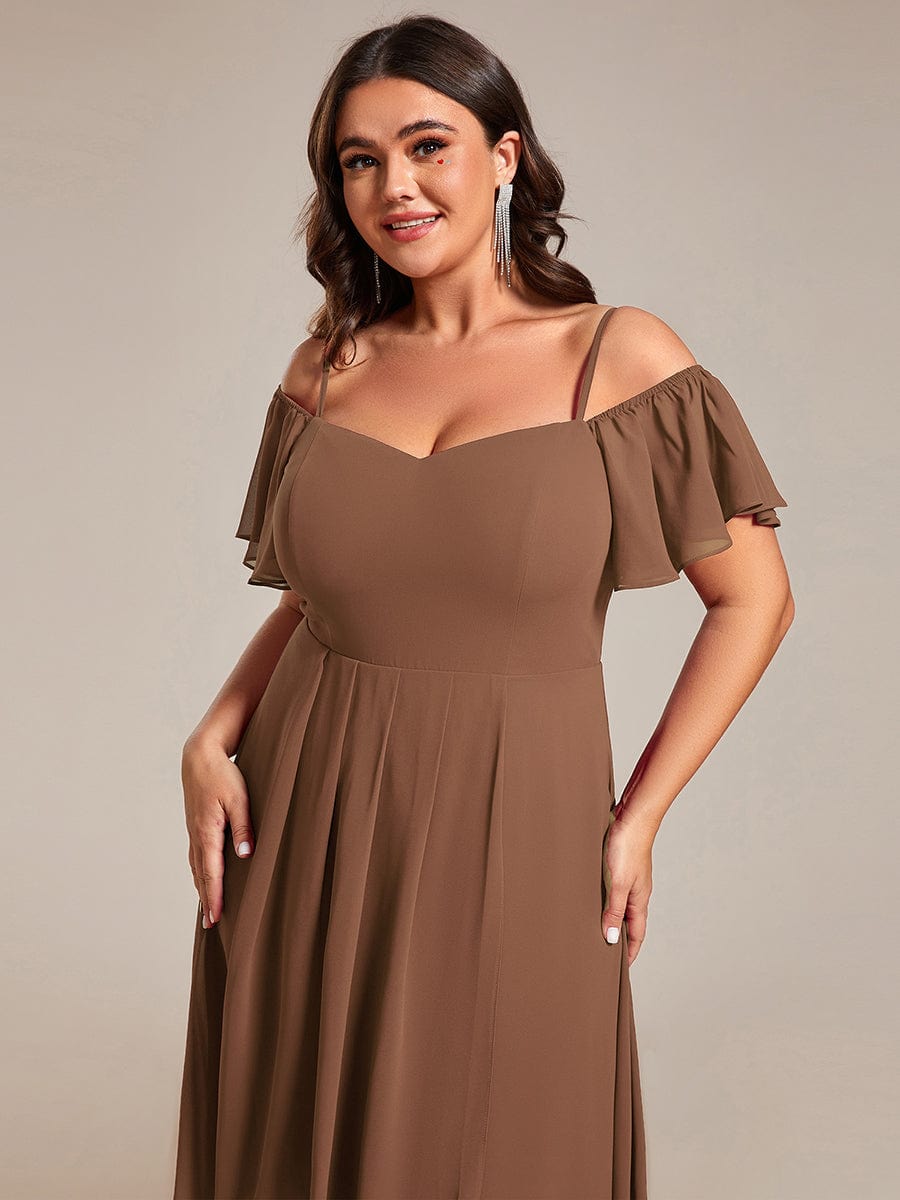 Custom Size Spaghetti Strap Cold Shoulder Chiffon A-Line Midi Wedding Guest Dress #color_Brown