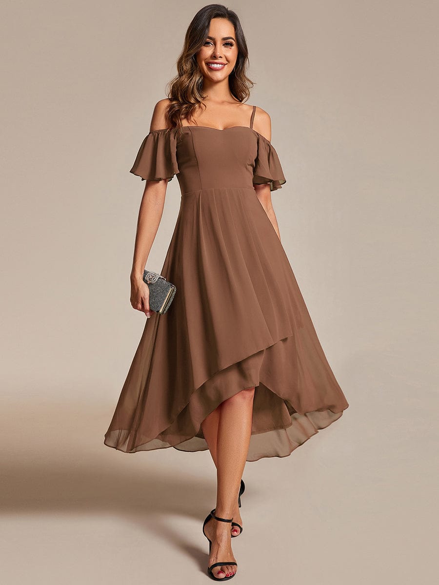 Spaghetti Strap Cold Shoulder Chiffon A-Line Midi Wedding Guest Dress #color_Brown