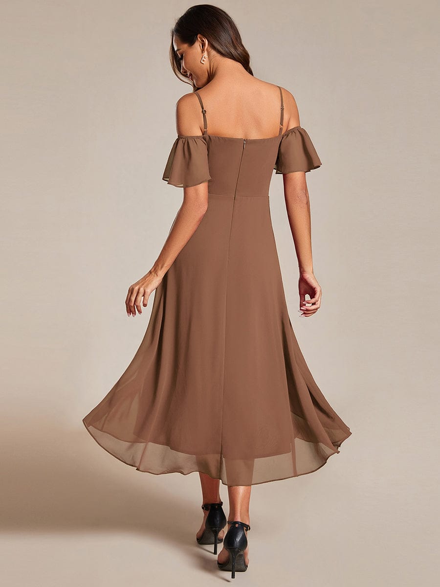 Spaghetti Strap Cold Shoulder Chiffon A-Line Midi Wedding Guest Dress #color_Brown