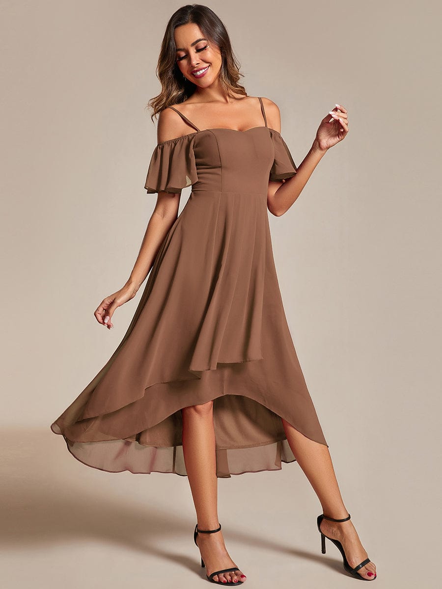 Spaghetti Strap Cold Shoulder Chiffon A-Line Midi Wedding Guest Dress #color_Brown