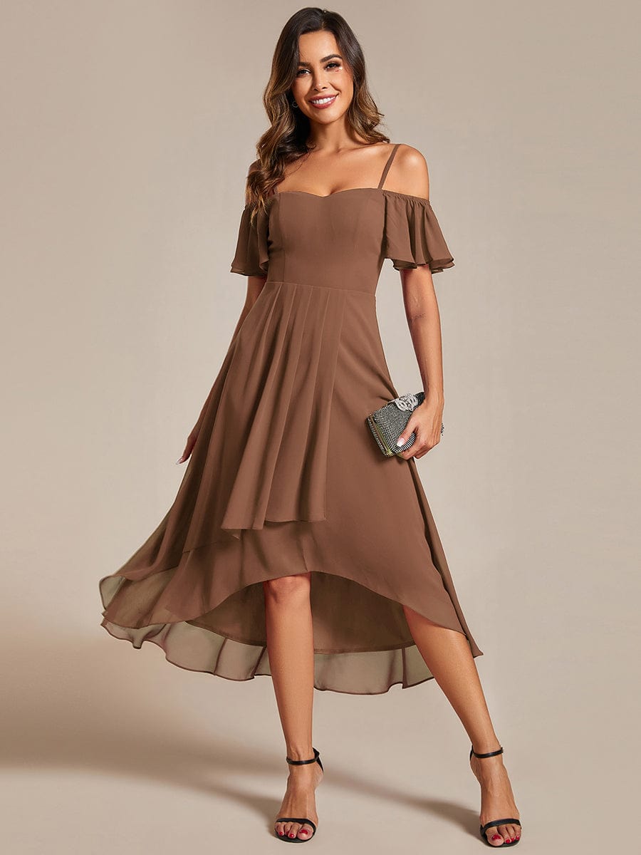 Spaghetti Strap Cold Shoulder Chiffon A-Line Midi Wedding Guest Dress #color_Brown