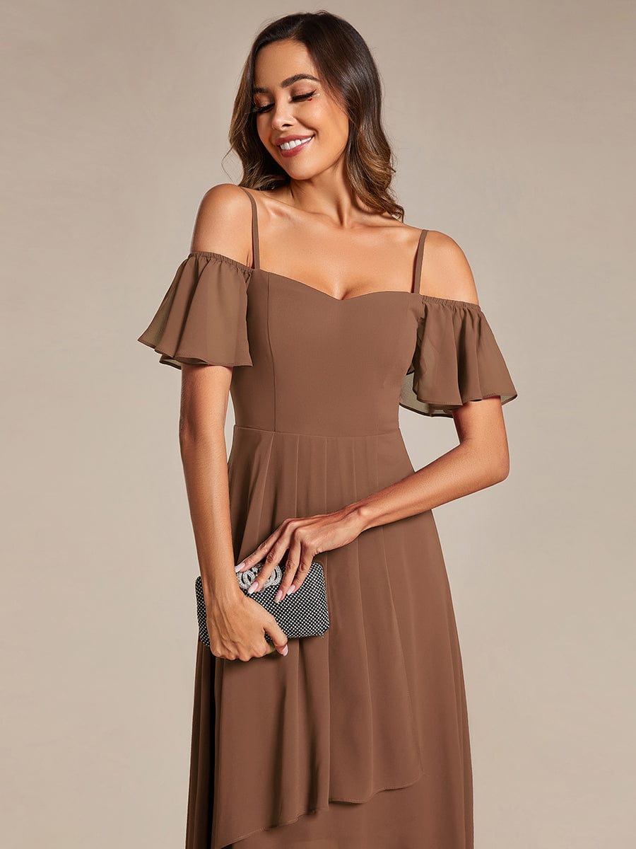 Spaghetti Strap Cold Shoulder Chiffon A-Line Midi Wedding Guest Dress #color_Brown