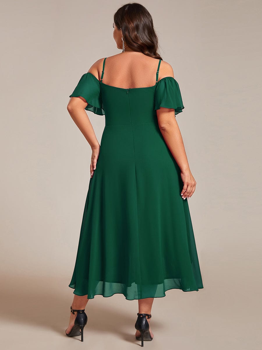 Spaghetti Strap Cold Shoulder Chiffon A-Line Midi Wedding Guest Dress #color_Dark Green