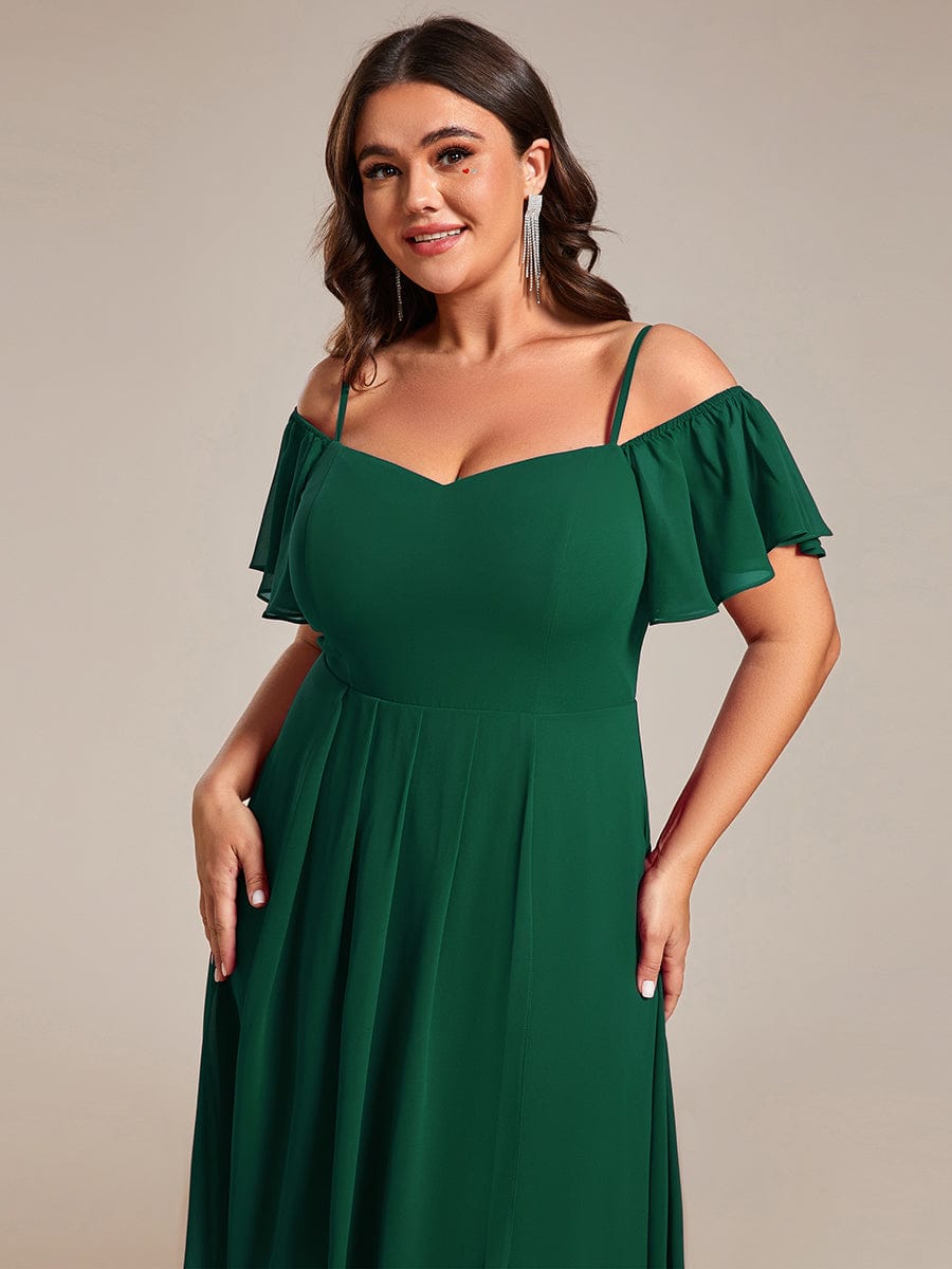 Spaghetti Strap Cold Shoulder Chiffon A-Line Midi Wedding Guest Dress #color_Dark Green