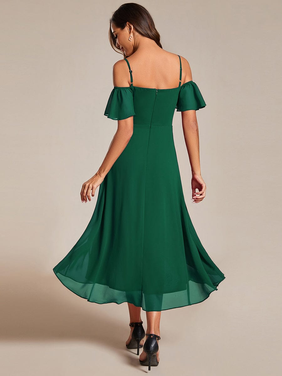 Spaghetti Strap Cold Shoulder Chiffon A-Line Midi Wedding Guest Dress #color_Dark Green