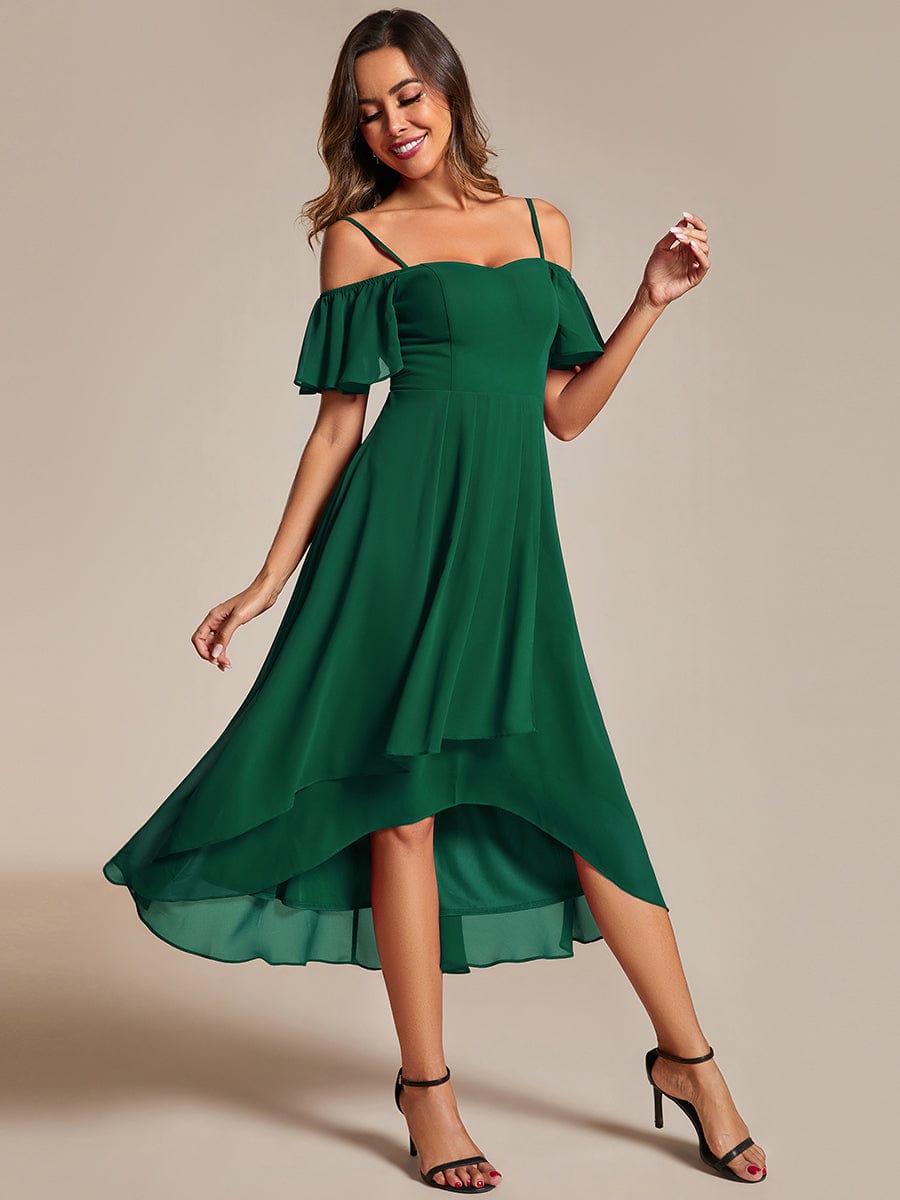 Spaghetti Strap Cold Shoulder Chiffon A-Line Midi Wedding Guest Dress #color_Dark Green