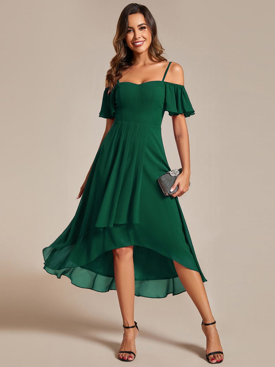 Spaghetti Strap Cold Shoulder Chiffon A-Line Midi Wedding Guest Dress #color_Dark Green